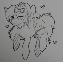 Size: 1346x1312 | Tagged: safe, artist:adostume, imported from derpibooru, oc, oc only, pegasus, pony, blushing, bow, bowtie, clothes, hair bow, heart, one eye closed, raspberry, smiling, solo, stockings, thigh highs, tongue out, traditional art, wink