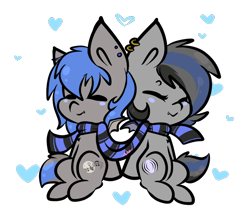 Size: 1000x879 | Tagged: safe, artist:ashee, imported from derpibooru, oc, oc only, oc:moonslurps, oc:nightglider, bat pony, blushing, brother and sister, clothes, cute, ear piercing, earring, eyes closed, female, heart, jewelry, male, piercing, scarf, shared clothing, shared scarf, simple background, transparent background