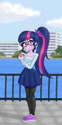 Size: 1260x2520 | Tagged: safe, artist:iyoungsavage, imported from derpibooru, sci-twi, twilight sparkle, equestria girls, blushing, card, clothes, cute, dot eyes, female, glasses, looking at you, pantyhose, park, ponytail, shoes, skirt, smiling, sneakers, solo, twiabetes, water