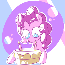 Size: 800x800 | Tagged: safe, artist:rawrienstein, imported from derpibooru, pinkie pie, pony, birthday, birthday cake, cake, candle, eyes on the prize, female, food, mare, open mouth, smiling, solo