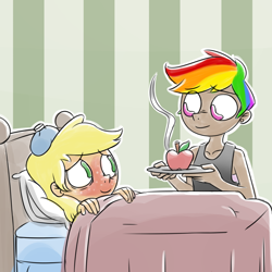 Size: 1300x1300 | Tagged: safe, artist:rawrienstein, imported from derpibooru, applejack, rainbow dash, human, alternate hairstyle, apple, appledash, bed, blushing, duo, female, food, humanized, in bed, lesbian, looking at each other, plate, shipping, sick, smiling