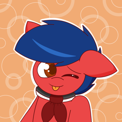 Size: 1066x1066 | Tagged: safe, artist:thebadbadger, imported from derpibooru, oc, oc only, oc:phire demon, bowtie, bust, cute, ears, floppy ears, ocbetes, one eye closed, simple background, tongue out, wink