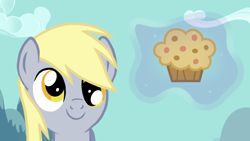 Size: 1024x576 | Tagged: safe, artist:pizzamovies, derpibooru exclusive, imported from derpibooru, derpy hooves, pegasus, pony, bust, c:, eyes on the prize, female, food, happy, levitation, looking up, magic, mare, muffin, portrait, sky, smiling, solo, telekinesis, vector