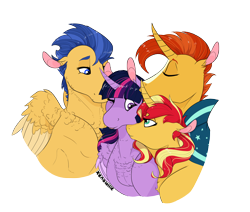 Size: 2532x2145 | Tagged: safe, artist:xenalollie, imported from derpibooru, flash sentry, sunburst, sunset shimmer, twilight sparkle, alicorn, pony, bisexual, chest fluff, female, flashlight, high res, lesbian, male, nuzzling, polyamory, shipping, simple background, straight, sunsetsparkle, transparent background, twiburst, twilight sparkle (alicorn), twilight sparkle gets all the mares, twilight sparkle gets all the stallions