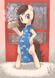 Size: 2480x3508 | Tagged: safe, artist:yanamosuda, imported from derpibooru, oc, oc only, earth pony, pony, bipedal, cheongsam, clothes, doorway, dress, dumplings, female, food, looking at you, mare, side slit, solo, total sideslit