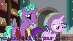 Size: 1280x720 | Tagged: safe, edit, edited screencap, imported from derpibooru, screencap, firelight, starlight glimmer, the parent map, belittling, blanket, book, clothes, father and daughter, female, headscarf, image macro, male, meme, scarf