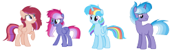 Size: 7648x2344 | Tagged: dead source, safe, artist:rainbows-skies, artist:thesmall-artist, imported from derpibooru, oc, oc:colour sparkling, oc:dawn light, oc:moonstar color, alicorn, pegasus, pony, unicorn, female, magical lesbian spawn, male, mare, offspring, parent:rainbow dash, parent:sunset shimmer, parent:twilight sparkle, parents:sunsetsparkle, parents:twidash, simple background, stallion, transparent background