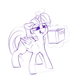 Size: 640x640 | Tagged: safe, artist:dimfann, imported from derpibooru, twilight sparkle, twilight sparkle (alicorn), alicorn, pony, bedroom eyes, blushing, book, female, floppy ears, magic, mare, monochrome, reading, simple background, solo, white background