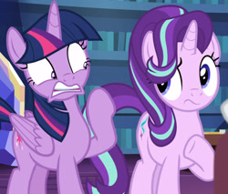 Size: 1154x983 | Tagged: safe, imported from derpibooru, screencap, starlight glimmer, twilight sparkle, twilight sparkle (alicorn), alicorn, pony, unicorn, it isn't the mane thing about you, cropped, female, hoof gesture, mare