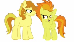 Size: 1280x720 | Tagged: safe, artist:kittythenerd, deleted from derpibooru, imported from derpibooru, braeburn, spitfire, earth pony, pegasus, pony, duo, female, male, mare, missing cutie mark, shipping, simple background, spitburn, stallion, straight, white background