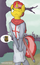 Size: 1601x2593 | Tagged: safe, artist:triplesevens, imported from derpibooru, oc, oc only, oc:ember flare, anthro, armor, dead tree, fetish, knight, need to pee, omorashi, potty dance, potty emergency, potty time, solo, sword, tree, weapon