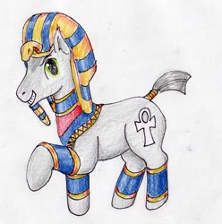 Size: 1671x1683 | Tagged: safe, artist:40kponyguy, derpibooru exclusive, idw, imported from derpibooru, pharaoh phetlock, earth pony, pony, cutie mark, looking at you, male, simple background, solo, stallion, traditional art, white background