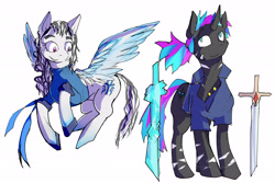 Size: 5472x3648 | Tagged: safe, artist:daggerformle, imported from derpibooru, oc, pegasus, pony, unicorn, clothes, commission, cutie mark, female, male, mare, ocs everywhere, simple background, smiling, stallion, sword, weapon, white background