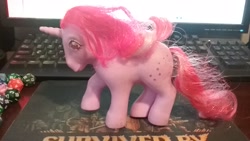 Size: 2048x1152 | Tagged: safe, imported from derpibooru, galaxy (g1), pony, unicorn, g1, irl, photo, solo, toy