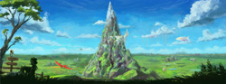 Size: 2895x1080 | Tagged: safe, artist:plainoasis, imported from derpibooru, bird, phoenix, pony, air balloon, airship, ambiguous gender, canterlot, canterlot mountain, city, cloud, cloudsdale, hot air balloon, mountain, peak, rainbow waterfall, river, road sign, saddle bag, scenery, scenery porn, sign, solo, tree, wip, zeppelin