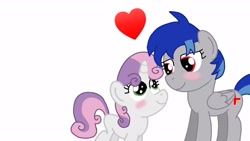 Size: 1920x1080 | Tagged: safe, artist:phoenixtdm, imported from derpibooru, sweetie belle, oc, oc:ed, oc:edplus, pegasus, pony, unicorn, blushing, canon x oc, cutie mark, edbelle, female, filly, folded wings, lesbian, mare, plus, shipping, simple background, white background, wings