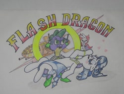 Size: 893x680 | Tagged: safe, imported from derpibooru, angel bunny, rarity, spike, crossover, female, flash gordon, holding a pony, male, shipping, spaceship, sparity, straight, traditional art