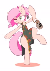 Size: 1448x2048 | Tagged: safe, artist:akainu_pony, imported from derpibooru, oc, oc only, oc:cheers, earth pony, pony, semi-anthro, cheongsam, clothes, drunken boxing, drunken fist, female, gourd, hair bun, mare, one eye closed, pose, simple background, solo