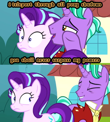 Size: 1800x2000 | Tagged: safe, edit, edited screencap, imported from derpibooru, screencap, firelight, starlight glimmer, pony, the parent map, 2spooky, darkness, duo, firelight's confession, image macro, magic, meme, shadow, text, this explains everything