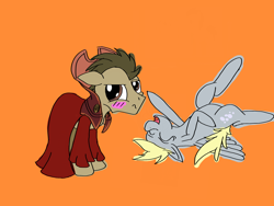 Size: 2048x1536 | Tagged: safe, artist:sixes&sevens, derpibooru exclusive, imported from derpibooru, derpy hooves, doctor whooves, time turner, earth pony, pegasus, pony, blushing, doctor who, duo, embarrassed, female, laughing, male, mare, orange background, robes, simple background, stallion, time lord