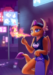 Size: 1024x1448 | Tagged: safe, artist:loneless-art, imported from derpibooru, smolder, anthro, dragon, breasts, busty smolder, cap, city, claws, clothes, dragon wings, dragoness, drugs, female, fire, fire breath, hat, joint, longboard, marijuana, rebel, skateboard, solo, tanktop, town, wings