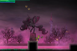 Size: 1200x800 | Tagged: safe, artist:empalu, imported from derpibooru, princess celestia, oc, oc:littlepip, pony, unicorn, fallout equestria, game: fallout equestria: remains, canterlot, clothes, colossus, cyrillic, dead tree, fanfic art, female, game, game screencap, glowing horn, gun, handgun, hooves, horn, jumpsuit, levitation, magic, mare, pink cloud (fo:e), pipbuck, pistol, platformer, russian, solo, statue, telekinesis, text, tree, vault suit, video game, weapon, wings
