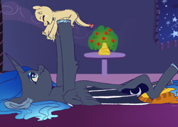 Size: 1000x715 | Tagged: safe, artist:harusocoma, imported from derpibooru, princess luna, oc, oc:alexander, dracony, hybrid, pony, bat wings, holding a pony, interspecies offspring, offspring, on back, parent:apple bloom, parent:spike, parents:spikebloom