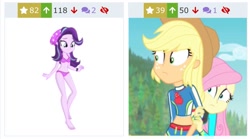 Size: 1035x577 | Tagged: safe, imported from derpibooru, applejack, fluttershy, starlight glimmer, derpibooru, equestria girls, equestria girls series, forgotten friendship, mirror magic, spoiler:eqg specials, clothes, juxtaposition, meta, swimsuit