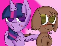 Size: 1024x768 | Tagged: safe, artist:starrysparks1312, imported from derpibooru, twilight sparkle, alicorn, dog, abstract background, arm around neck, chest fluff, crossover, crossover shipping, ear fluff, female, hoof around neck, horn, hug, male, mare, paw patrol, shipping, smiling, text, twilight sparkle (alicorn), twizuma, wings, zuma