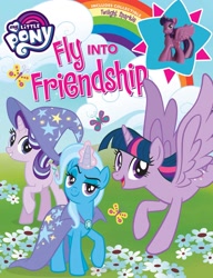 Size: 1399x1823 | Tagged: safe, imported from derpibooru, starlight glimmer, trixie, twilight sparkle, alicorn, butterfly, pony, unicorn, fly into friendship, no second prances, accessory swap, book, cape, cardboard twilight, clothes, female, flower, hat, irl, looking at you, magic, mare, merchandise, my little pony logo, official, open mouth, photo, rainbow, smiling, starlight wearing trixie's hat, toy, trio, trixie's cape, trixie's hat, twilight sparkle (alicorn)