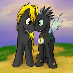 Size: 2000x2000 | Tagged: safe, artist:fuzebox, imported from derpibooru, oc, oc only, oc:nictis, oc:spark wheel, changeling, earth pony, pony, fanfic:without a hive, changeling oc, duo, fanfic art, gay, male, smiling, stallion