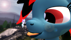 Size: 2000x1125 | Tagged: safe, artist:johnnyxluna, imported from derpibooru, flitter, oc, oc:firma surge, 3d, boop, boop the snoot, cloud, cloudy, macro, nose wrinkle, source filmmaker, tongue out