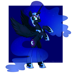 Size: 1000x1000 | Tagged: safe, artist:swanlullaby, imported from derpibooru, nightmare moon, alicorn, pony, ethereal mane, female, helmet, mare, rearing, solo, starry mane