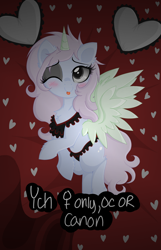 Size: 2250x3500 | Tagged: safe, artist:darkest-lunar-flower, imported from derpibooru, :p, auction, bedroom eyes, commission, cute, heart, laying on bed, lying on bed, sexy, tongue out, your character here