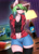 Size: 1500x2080 | Tagged: safe, artist:burgerkiss, imported from derpibooru, oc, oc only, anthro, shiba inu, unicorn, anthro oc, belly button, bepis, bottle, breasts, chips, clothes, commission, computer, digital art, doge, drink, eyelashes, female, food, lamp, looking at you, mare, midriff, monitor, one eye closed, rocket league, shorts, signature, smiling, solo, stockings, television, thigh highs, wink