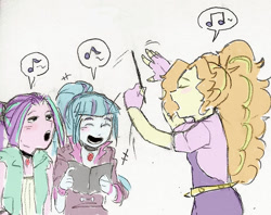 Size: 1027x812 | Tagged: safe, artist:amazingpuffhair, imported from derpibooru, adagio dazzle, aria blaze, sonata dusk, equestria girls, baton, conductor, conductor's baton, music notes, pictogram, singing