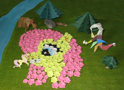 Size: 3748x2748 | Tagged: safe, artist:malte279, imported from derpibooru, angel bunny, discord, fluttershy, bear, craft, flower, mosaic, origami
