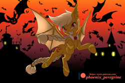Size: 870x580 | Tagged: safe, artist:phoenixperegrine, imported from derpibooru, applejack, bat, bat pony, pony, applebat, bat ponified, braid, braided tail, fangs, female, flying, freckles, grin, looking at you, mare, patreon, patreon logo, race swap, smiling