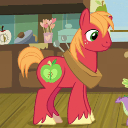 Size: 510x510 | Tagged: safe, imported from derpibooru, screencap, big mcintosh, spike, dragon, earth pony, pony, the break up breakdown, animated, cropped, gritted teeth, happy, laughing, male, open mouth, raised hoof, smiling, solo focus, stallion