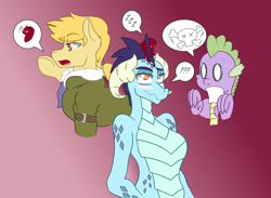 Size: 1024x750 | Tagged: safe, artist:the annoying tac, imported from derpibooru, princess ember, spike, oc, oc:squiggles, oc:techno sparklers, dragon, blushing, clothes, jacket, male, pictogram, stallion, travelers or nomads, zzz