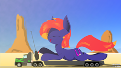 Size: 5120x2880 | Tagged: safe, artist:just rusya, imported from derpibooru, oc, oc only, oc:hi octane, pony, cute, desert, eyes closed, lying, macro, ocbetes, open mouth, solo, truck, vehicle