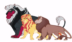 Size: 9005x5349 | Tagged: safe, artist:earthsong9405, imported from derpibooru, lord tirek, scorpan, sunset shimmer, big cat, cat, lion, fluffy au, absurd resolution, alternate universe, animal, female, lioness, lionified, long description, male, simple background, size comparison, solo, species swap, trio, white background