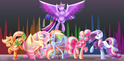 Size: 1024x502 | Tagged: safe, artist:calamity-studios, imported from derpibooru, applejack, fluttershy, pinkie pie, rainbow dash, rarity, twilight sparkle, alicorn, earth pony, pegasus, pony, unicorn, mane six, rainbow power, shrug, twilight sparkle (alicorn)