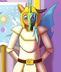 Size: 3000x3500 | Tagged: safe, artist:galacticham, imported from derpibooru, oc, oc only, oc:kryostasis, anthro, changeling, armor, blue changeling, changeling oc, equestrian flag, male, open mouth, solo