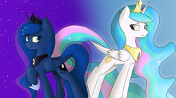 Size: 3829x2150 | Tagged: safe, artist:renderpoint, derpibooru exclusive, imported from derpibooru, princess celestia, princess luna, alicorn, pony, duo, duo female, female, jewelry, regalia, royal sisters, royalty, simple background