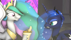 Size: 1024x576 | Tagged: safe, artist:okimichan, imported from derpibooru, princess celestia, princess luna, pony, 3d, banana, bananalestia, food