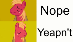 Size: 4000x2283 | Tagged: source needed, safe, imported from derpibooru, big macintosh, drake, male, meme, nope, simple background, stallion, wat, yellow background, yesn't