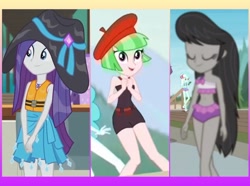 Size: 1374x1023 | Tagged: safe, edit, edited screencap, imported from derpibooru, screencap, drama letter, octavia melody, rarity, watermelody, equestria girls, equestria girls series, the salty sails, turf war, x marks the spot, background human, bikini, bikini babe, bikini top, clothes, comparison, female, geode of empathy, geode of fauna, geode of shielding, geode of sugar bombs, geode of super speed, geode of super strength, geode of telekinesis, hat, magical geodes, sarong, sun hat, swimsuit, trio, trio female
