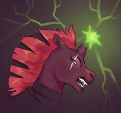 Size: 754x705 | Tagged: safe, artist:rumpledsweater, imported from derpibooru, tempest shadow, pony, unicorn, my little pony: the movie, abstract background, broken horn, bust, explicit source, eye scar, fangs, female, looking at you, mare, profile, scar, solo, teeth