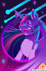 Size: 600x916 | Tagged: safe, artist:rugissang, imported from derpibooru, twilight sparkle, alicorn, pony, abstract background, female, mare, open mouth, retrowave, solo, twilight sparkle (alicorn)